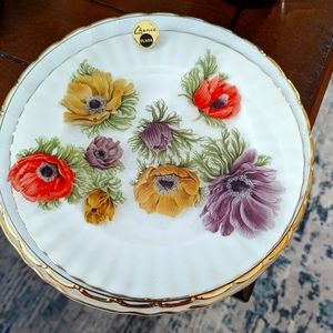 Chance Glass Made in England plate. Clear glass, gold trim, floral painting.